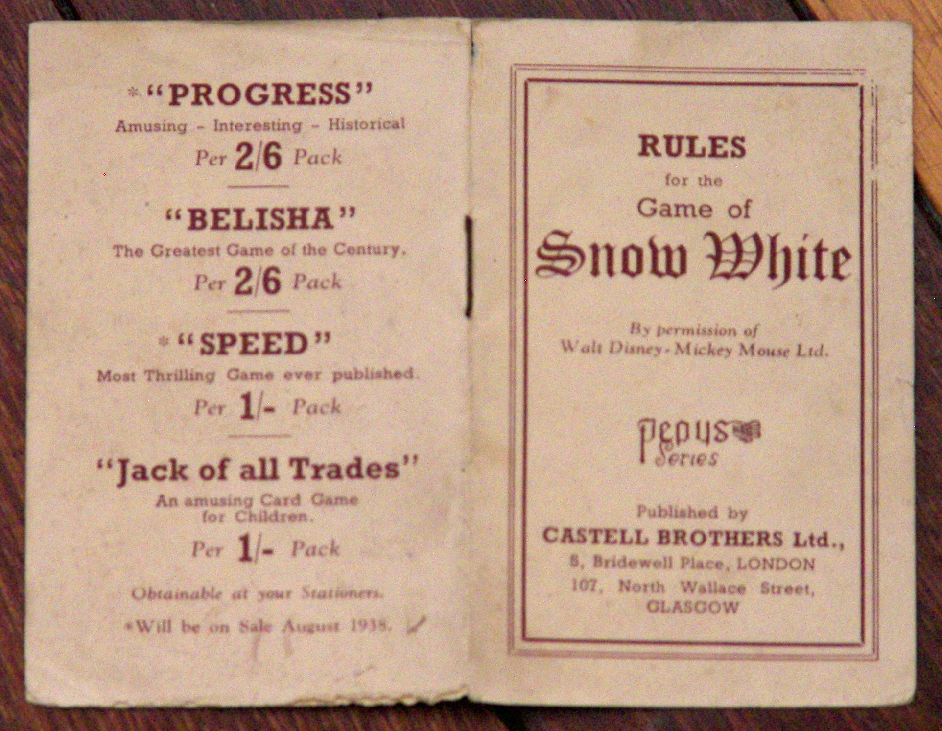 Filmic Light - Snow White Archive: Snow White Pepys Card Game by Castell,  1937-38