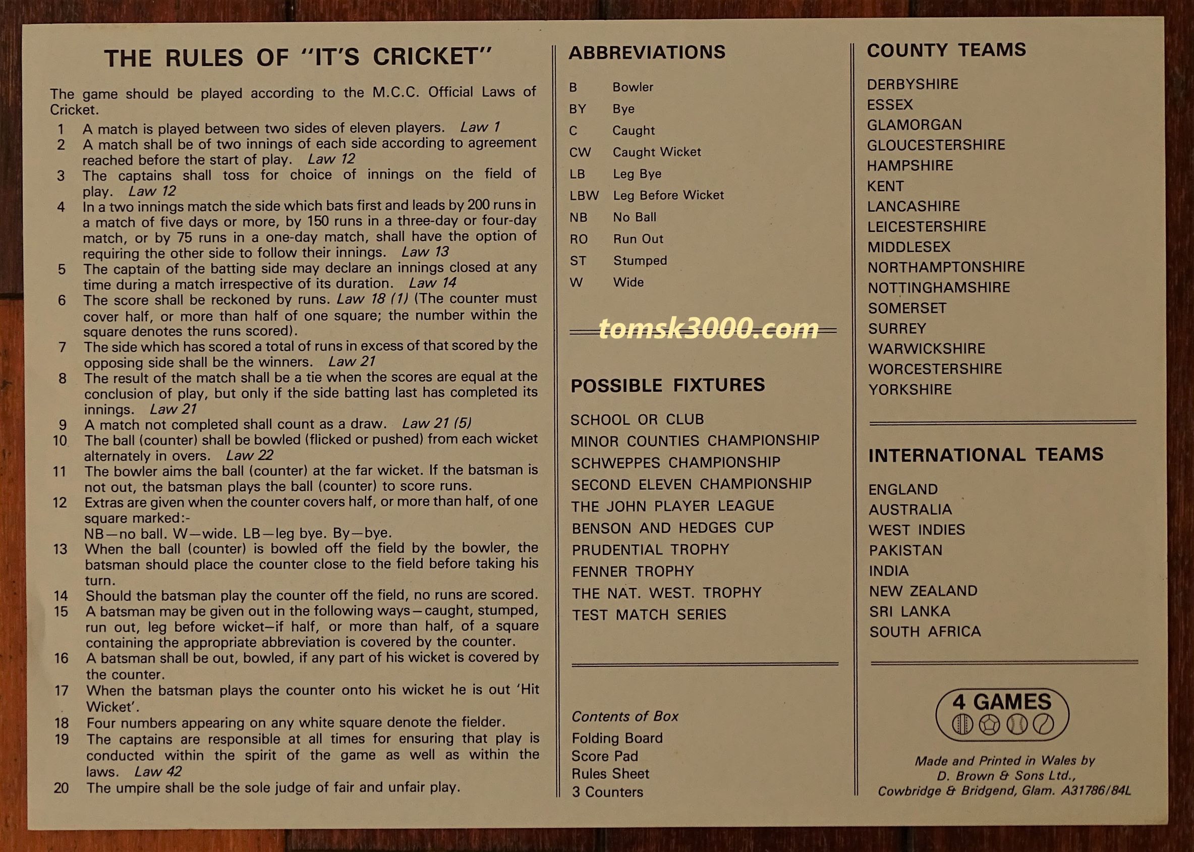 1962 IT'S CRICKET Game by D. Brown & Sons Ltd., Wales - tomsk3000